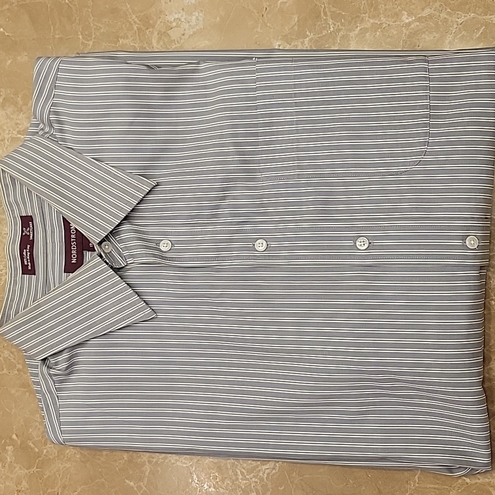 Nordstrom Men's Gray & White Striped 100% Cotton Dress Shirt, 17-35